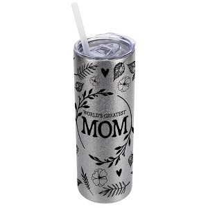 Elanze Designs Floral Silvertone Sparkle 20 Ounce Double Wall Stainless Steel Glitter Travel Tumbler With Sliding Lid And Straw, World's Greatest Mom - 1 of 4
