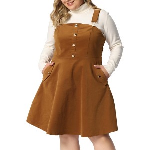 Agnes Orinda Women's Plus Size Corduroy Pinafore Side Pocket Short Adjustable Strap A-Line Dresses - 1 of 4