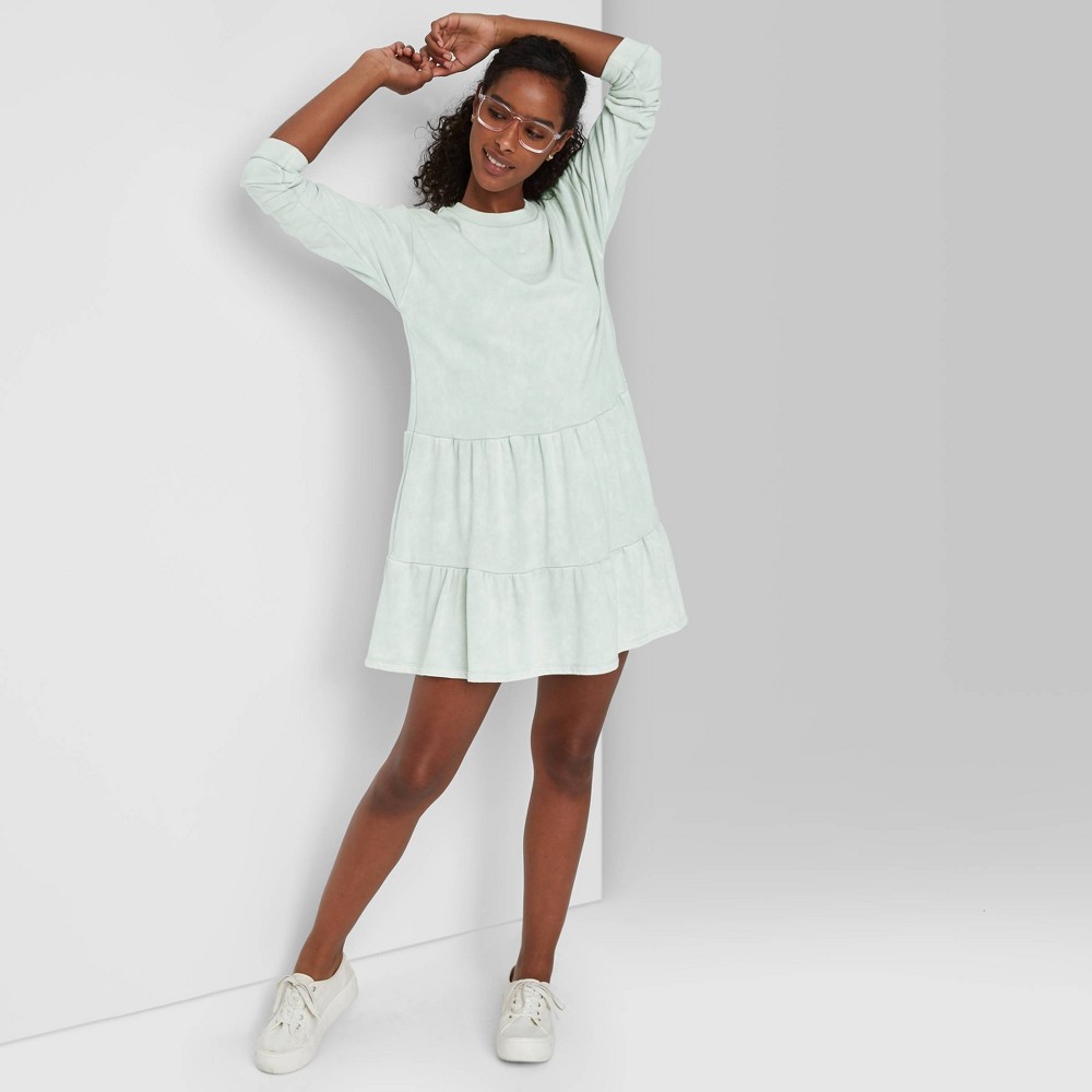 size xs Women's Mineral Wash Long Sleeve Sweatshirt Dress - Wild Fable Light Blue XS
