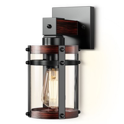 YANSUN 1-Light Black Cylinder Wood Grain Glass Wall Sconce Farmhouse Industrial Rustic Wall Light for Foyer Hallway Living Room Black