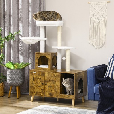 2-in-1 Cat Tree with Litter Box Enclosure,Indoor Cat Tower Furniture with Hammock,Scratching Posts And Hidden Litter Cabinet–LAOTIES