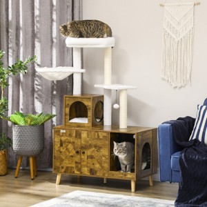 2-in-1 Cat Tree with Litter Box Enclosure,Indoor Cat Tower Furniture with Hammock,Scratching Posts And Hidden Litter Cabinet–LAOTIES - 1 of 4