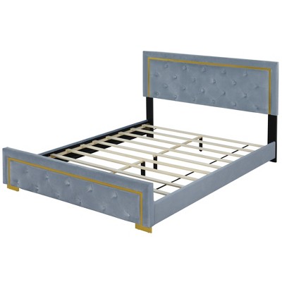 TiramisuBest Queen Size Upholstered Platform Bed With Pull Point Headboard And Metal Wire Frame At The Head And Foot Of The Bed - Gray MDF+L