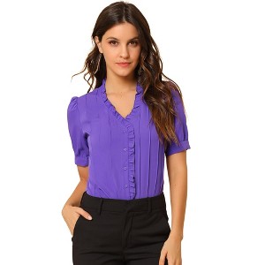 INSPIRE CHIC Women's Ruffle V Neck Short Sleeves Pleated Front Blouse - 1 of 4