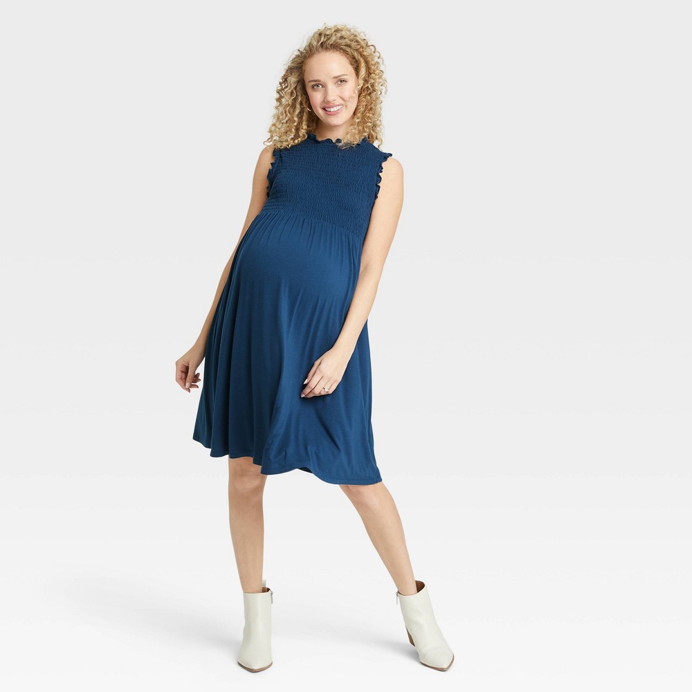The Nines by HATCH Sleeveless Smocked Jersey Maternity Dress Navy Blue XS
