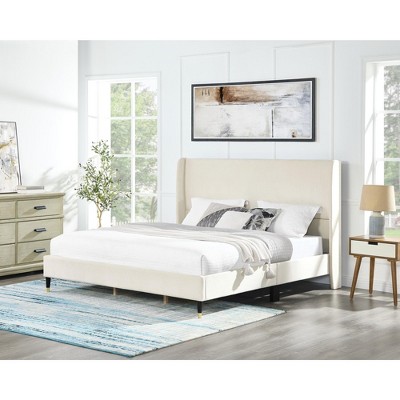 NicBex Queen Upholstered Bed Frame with Velvet Wingback Headboard,Modern Platform Bed with Wood Slats Support,No Box Spring Needed,Easy Assembly,Beige