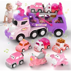 Princess Theme Carrier Truck Toy 7 in 1 with Lights Music for Toddlers 1-3 Years Pink Pink&purple&red - 1 of 4