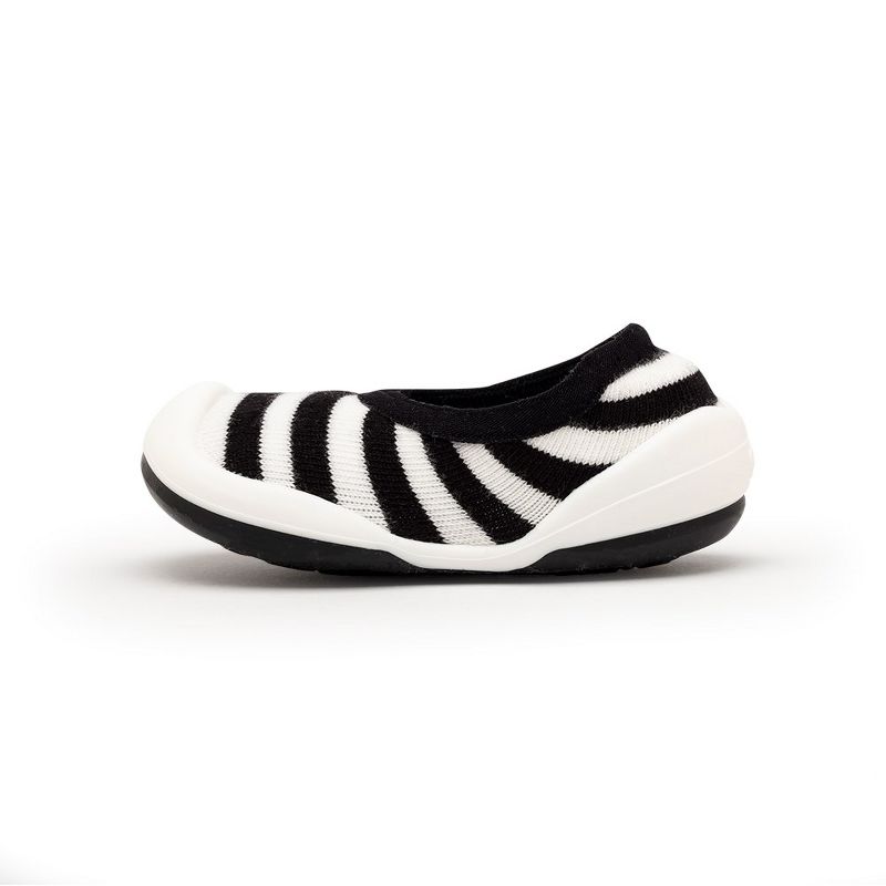 Komuello Baby Girl First Walk Sock Shoes Flat Style - Black White Stripe, 2 of 11
