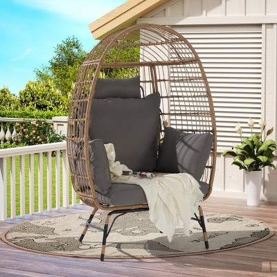 Outdoor Single PE Rattan Woven Egg Chair,Fabric Upholstered Lounge Egg Chair With Pillow And Metal Frame For Garden Backyard-Coolbibila