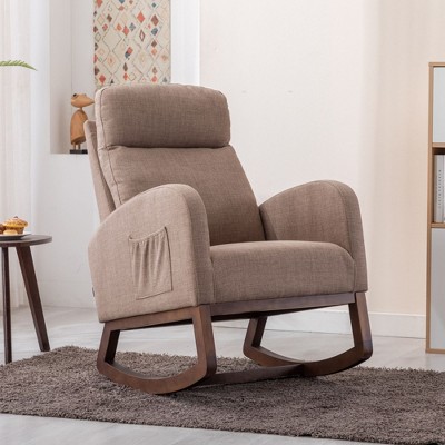 Modern Glider Rocking Chair with Wooden Legs and Side Pocket, High-Back Recliner Armchair for Nursery, Living Room, Bedroom