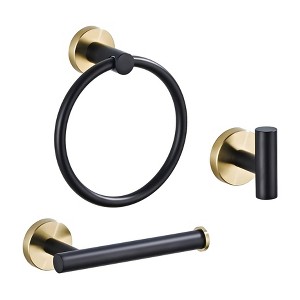 Itopfox 3 Piece Bathroom Hardware Set Black Gold Stainless Steel Wall Mounted Includes Towel Ring Toilet Paper Holder Robe Hook - 1 of 4