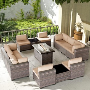 ALAULM 13 Pieces Outdoor Patio Furniture Set with 43" Gas Propane Fire Pit Table PE Wicker Rattan Sectional Sofa - 1 of 4