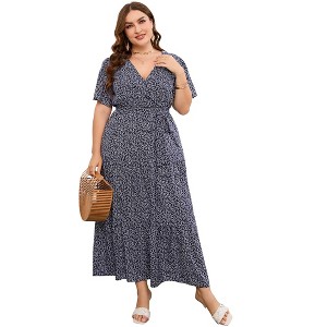 Garvee Women Plus Size V Neck Wrap Maxi Dress High Waist Ruffle Summer Casual Dress with Belt Short Sleeve - 1 of 4