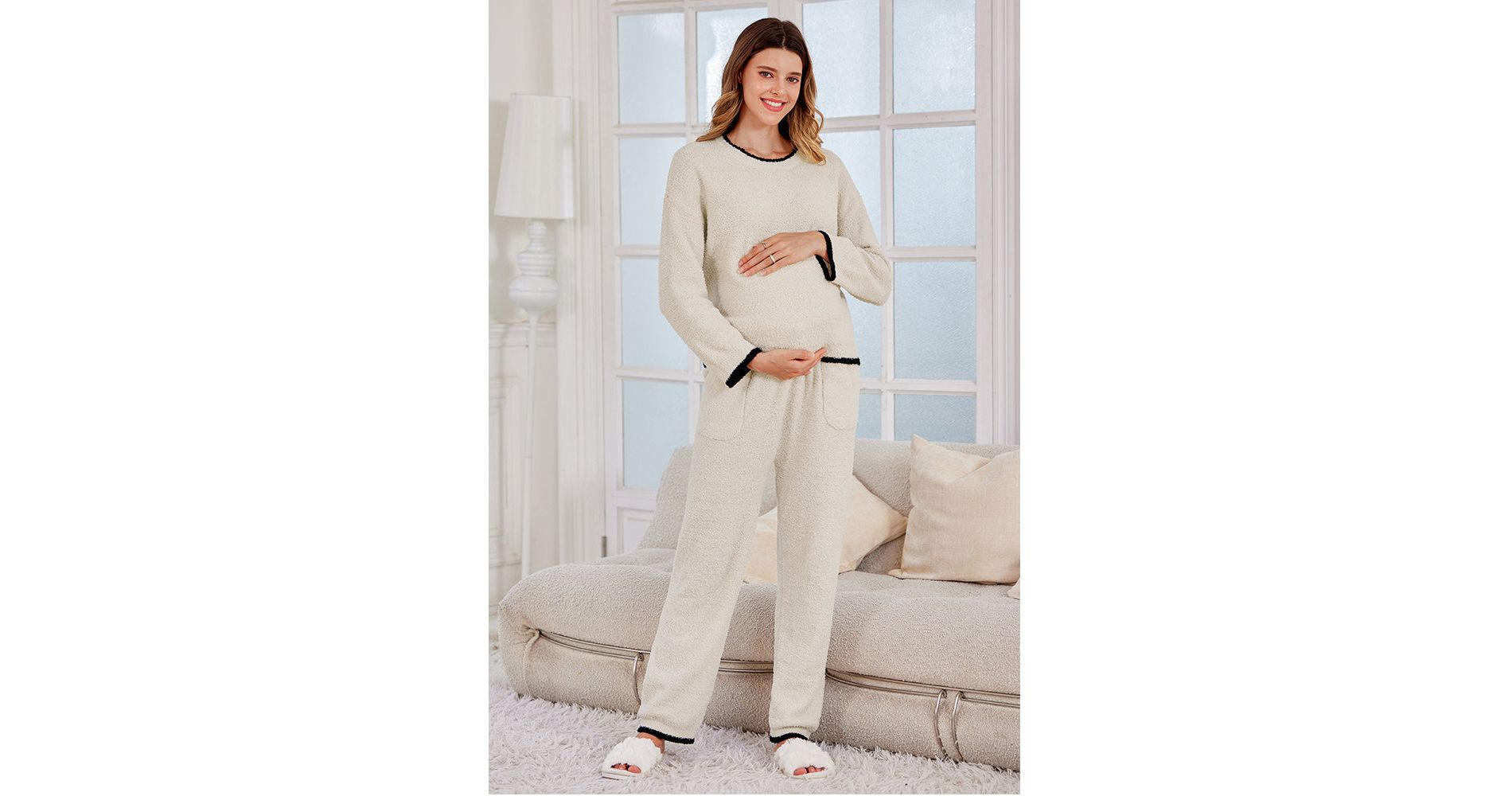 V For City Pajamas Fleece 2 Piece Postpartum Lounge Set Maternity Comfy Pockets Color Block Long Sleeve Cozy Winter