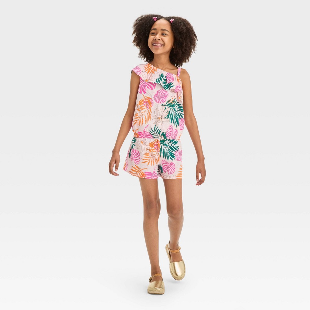 Girls' 2pc One-Shoulder Top and Pull-On Tropical Floral Seersucker Shorts Set - Cat & Jack™ Light Pink XL