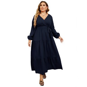Clearlove Women's Plus Size V-Neck Long Sleeves A-Line Pleated Floor Length Formal Dress - 1 of 4
