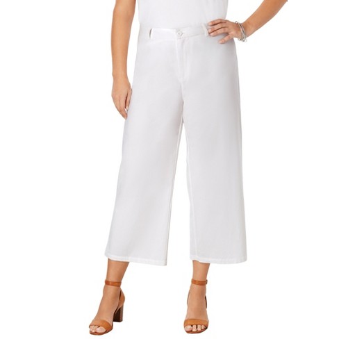 White Cotton Poplin Button Front Pull On Pants