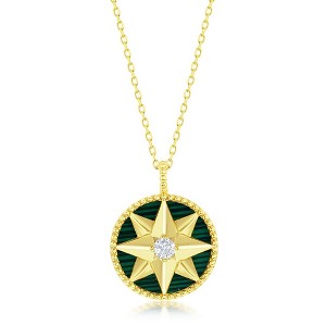 Bella Silver Sterling Silver Round Simulated Malachite North Star, CZ Necklace - Gold Plated - Green - 16+2 Inch - 1 of 2