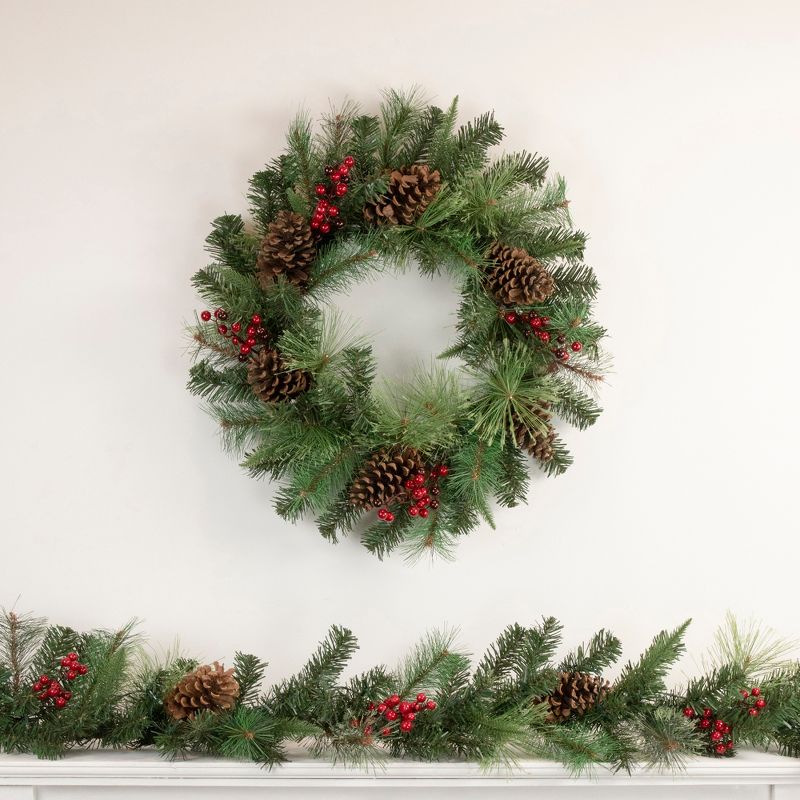 Northlight Pre-Lit Battery Operated Mixed Pine and Berries Christmas Wreath - 24" - Warm White LED Lights, 2 of 5