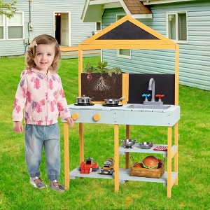 Garvee Wood Outdoor Play Kitchen Set for Toddlers-Realistic Faucet & Sink, Stoves, Chalkboard, Storage Shelf (Yellow) - 1 of 4