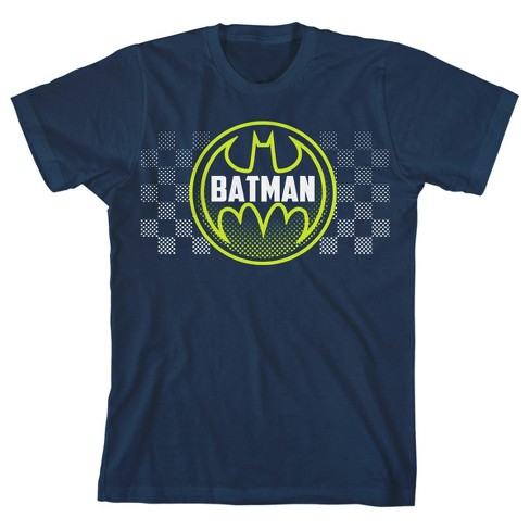 Batman Bat Signal Logo Checkered Background Boy's Navy Blue T-shirt : Target