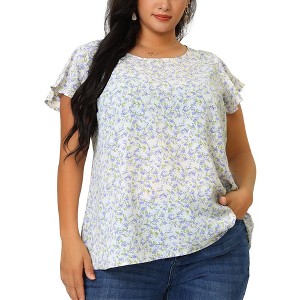 Agnes Orinda Women's Plus Size Floral Ruffle Short Sleeve Chiffon Round Neck Casual Summer Blouses - 1 of 4