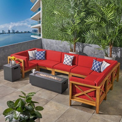 Thasos 10pc Acacia U-Shaped Farmhouse Sectional Sofa Set with Fire Pit - Teak/Red/Dark Gray - Christopher Knight Home