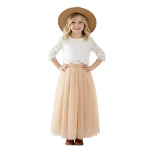 2Bunnies 2 Piece Lace Top Tulle Skirt Boho Rustic Flower Girl Dress Set - 1 of 4