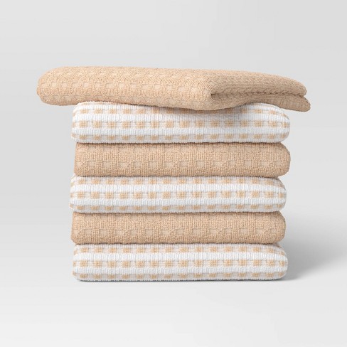 6pc Terry Kitchen Towels Tan Room Essentials Cotton Gingham Check Machine Wash Dish Cleaning Textiles Target