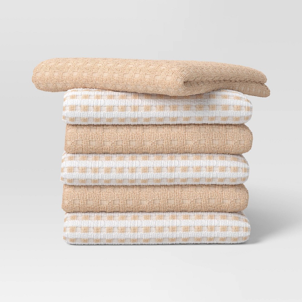 Photos - Other Accessories 6pc Terry Kitchen Towels Tan - Room Essentials™: Cotton Gingham Check, Machine Wash, Dish & Cleaning Textiles