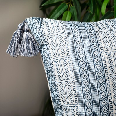 Lunette 16" Blue and White Striped Pillow with Tassels
