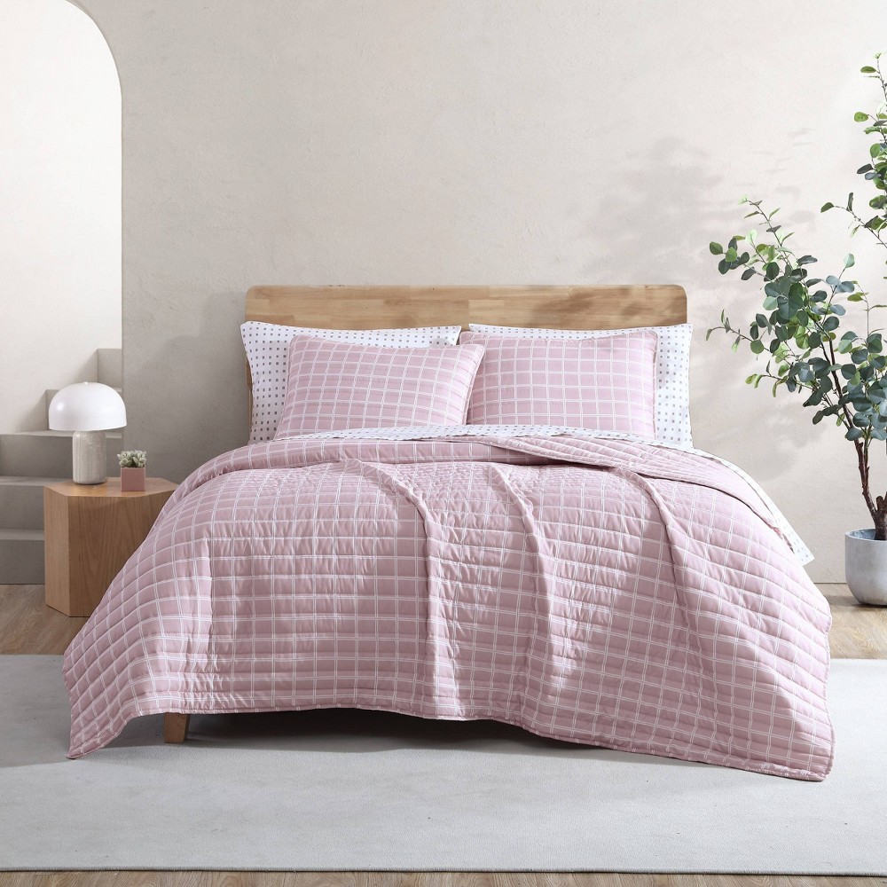 Photos - Bed Linen City Scene 2pc Twin Woven Grid Microfiber Quilt & Sham Set Pink