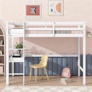 Luxystar Twin High Rubber Wood Loft Bed with Safety Guardrail, Built-in Desk and Ladder - 1 of 4