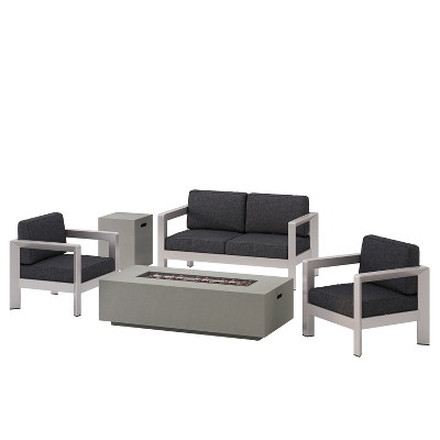 GDFStudio Rinehart Outdoor Aluminum 4 Seater Chat Set with Fire Pit