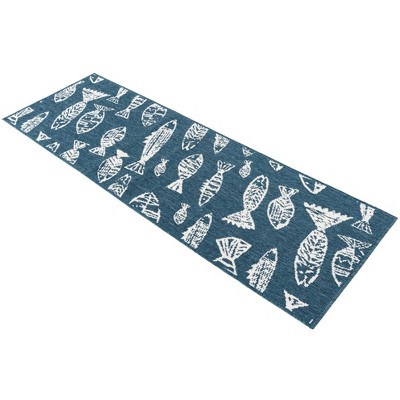Blue and White Abstract Fish Pattern Outdoor Runner Rug
