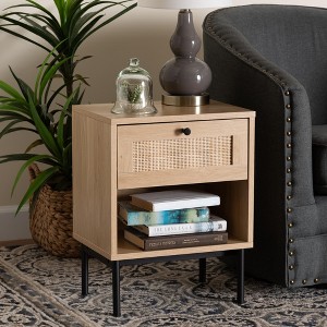 Baxton Studio Sherwin Mid-Century Modern Light Brown and Black 1-Drawer End Table with Woven Rattan Accent - 1 of 4