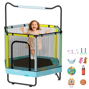 Hooseng 55" Hexagon Trampoline for Kids with Safety Enclosure Net, Indoor & Outdoor Toddler Trampoline with Adjustable Gymnastics Bar & Toys - 1 of 4