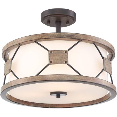 Possini Euro Design Modern Rustic Ceiling Light Semi Flush Mount Fixture Bronze Wood Grain 16" Wide White Glass Drum Shade Bedroom