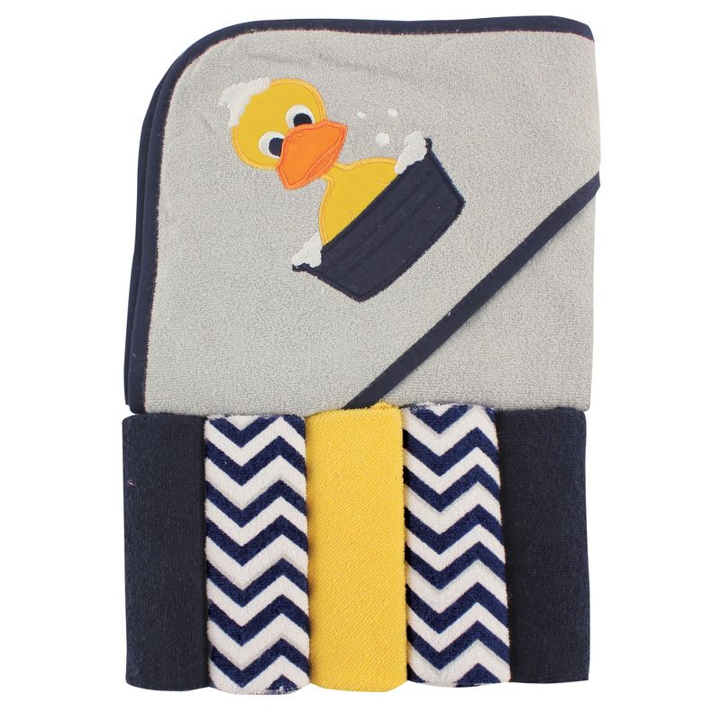 Luvable Friends Baby Unisex Hooded Towel with Five Washcloths, Duck, One Size, 1 of 3