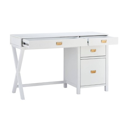 48" White Campaign Style Desk with Gold Hardware and Storage