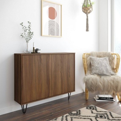 Slim Walnut 2-Door Storage Cabinet with Adjustable Shelving