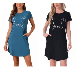 INSPIRE CHIC Women's 2 Pcs Cats Printing Pajamas Cute Printed Sleep Dress Short Sleeve Nightgowns - 1 of 4