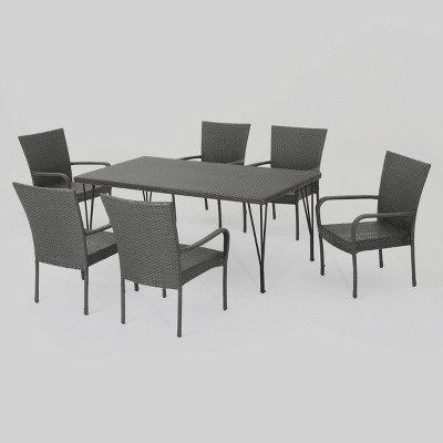 Nash 7pc Wicker Dining Set - Gray - Christopher Knight Home: Galvanized Steel Hardware, No Cushion Required