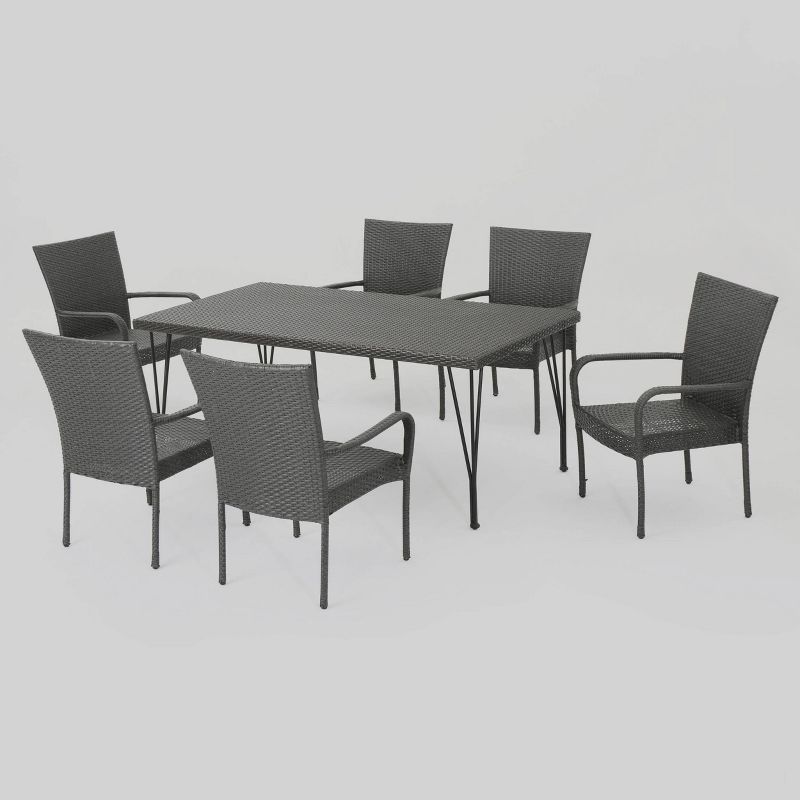 Nash 7pc Wicker Dining Set - Gray - Christopher Knight Home: Weather-Resistant, Iron Frame, 6 Armchairs & Rectangular Table, 3 of 8