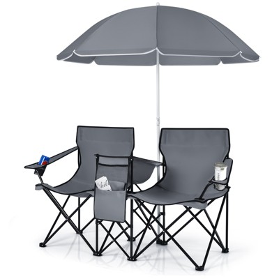 Tangkula Portable Double Camping Chair, Folding Picnic Loveseat W/ Removable Adjustable Umbrella, Carrying Bag, Cooler Bag, Side Pocket & Cupholder Red/Gray/Black/Turquoise