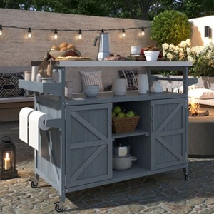 YOOCOZZ Outdoor 100% Fir Wood Rolling Kitchen Island & Grill Bar Cart with Stainless Steel Top and Ample Storage Space - 1 of 4