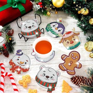 6 Packs Christmas Rhinestones Art Coasters with Holder Snowman Gingerbread Man Penguin Santa Claus Pattern Gift Non Slip Acrylic Cup Coaster 5D DIY - 1 of 4