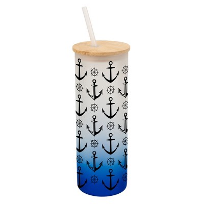 Elanze Designs Nautical Anchor Sailboat Helm Ocean Life Wrap-Around Design 25 Ounce Frosted Gradient Glass On-The-Go Coffee Travel Skinny Tumbler Mug