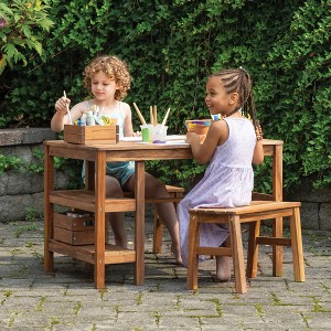 Guidecraft Acadia Kids Outdoor Craft Table and 2 Bench Set: Acacia Wood Activity Desk w/ Storage, Kids Play Table & Bench for Backyard, Patio, Garden - 1 of 4
