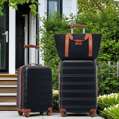 FURNIinspire Bag And Luggage Sets Hardshell Luggage Sets 2 Spinner Suitcases With TSA Lock And 1 Bag, Family Friendly, Black And Brown, 20" 24"